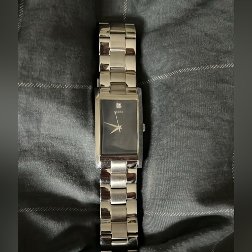 Guess Steel Rectangular Watch Black Dial Silver Tone Japan Movt